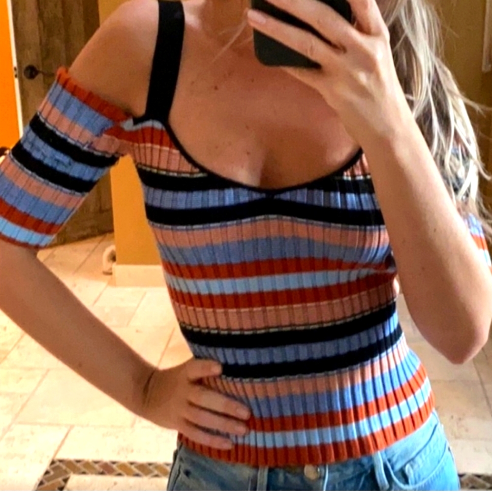 💥SALE💥Ronny Kobo Striped Cold Shoulder Knit Top